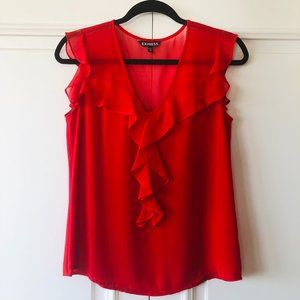 Vibrant Red Ruffle-Front V-Neck Chiffon Sleeveless Blouse by Express - Size XS